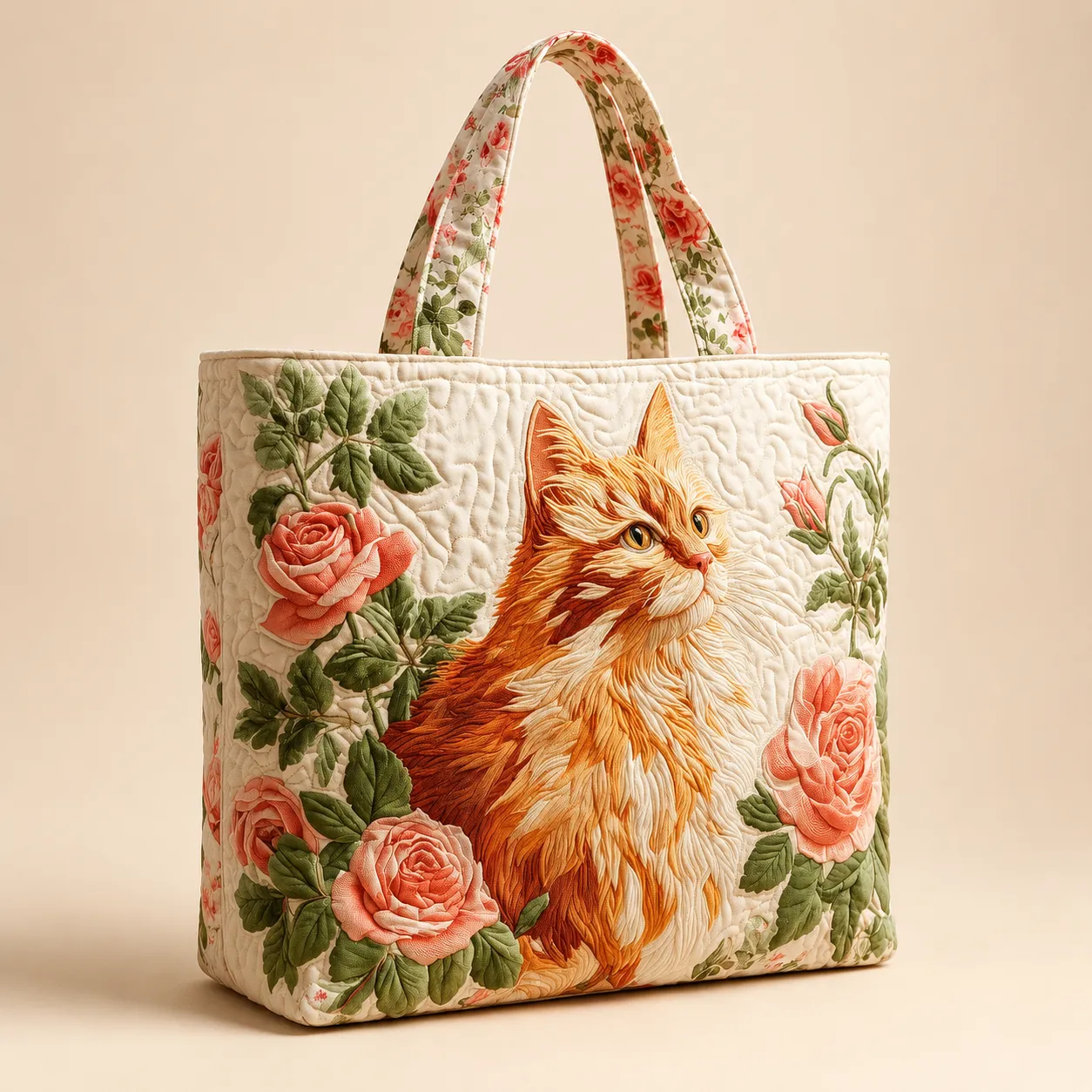 Orange Cat Pink Roses Quilted Tote Bag, Floral Cat Lover Carryall Bag