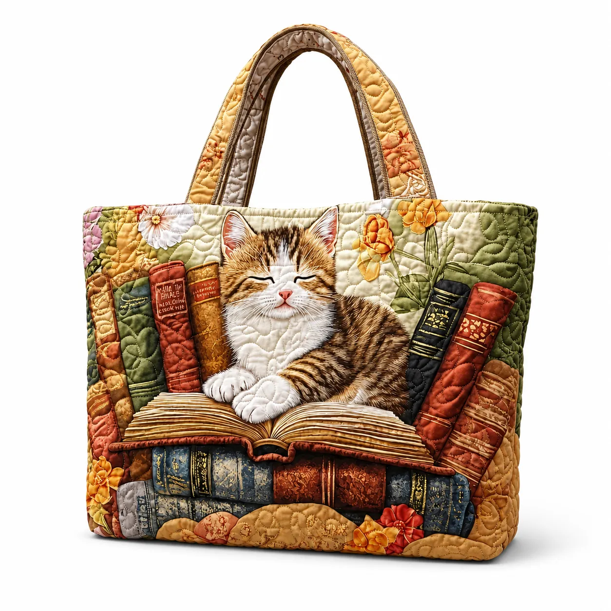 Cozy Cat Books Quilted Tote Bag, Floral Book Lover Carryall Bag for Cat Lovers