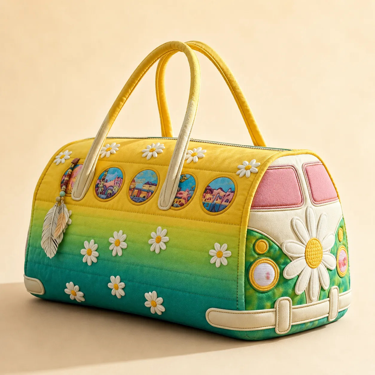 Sunflower Hippie Van Quilted Duffle Bag for Women, Boho Weekender Carry-On Travel Bag, Overnight Duffel Bag