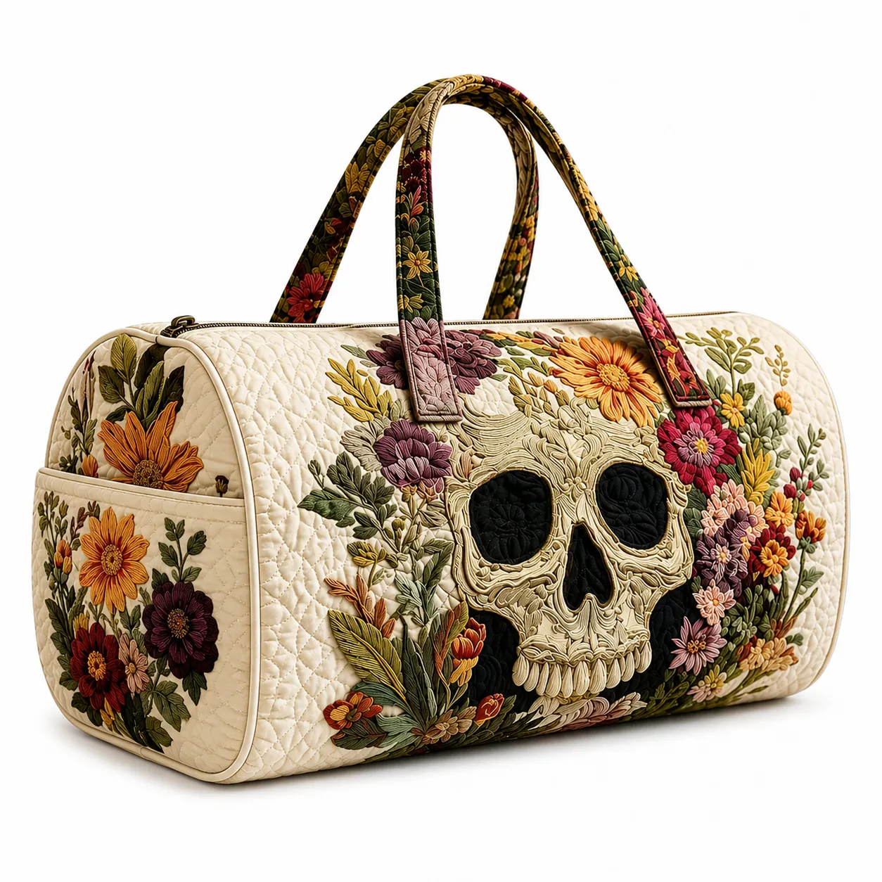 Floral Skull Quilted Duffle Bag, Handle Carry Travel Bag
