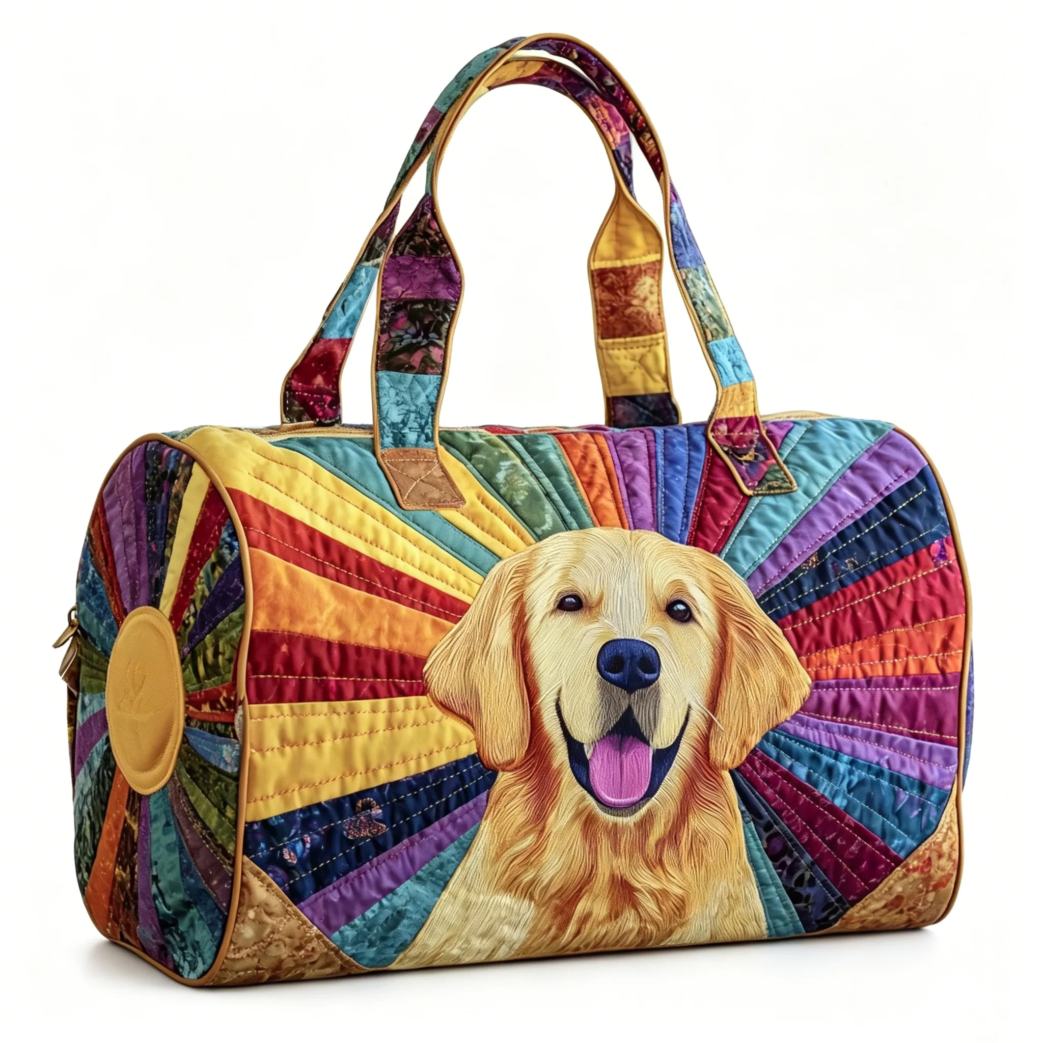 Golden Retriever Quilted Duffle Bag, Colorful Patchwork Dog Weekender Travel Tote