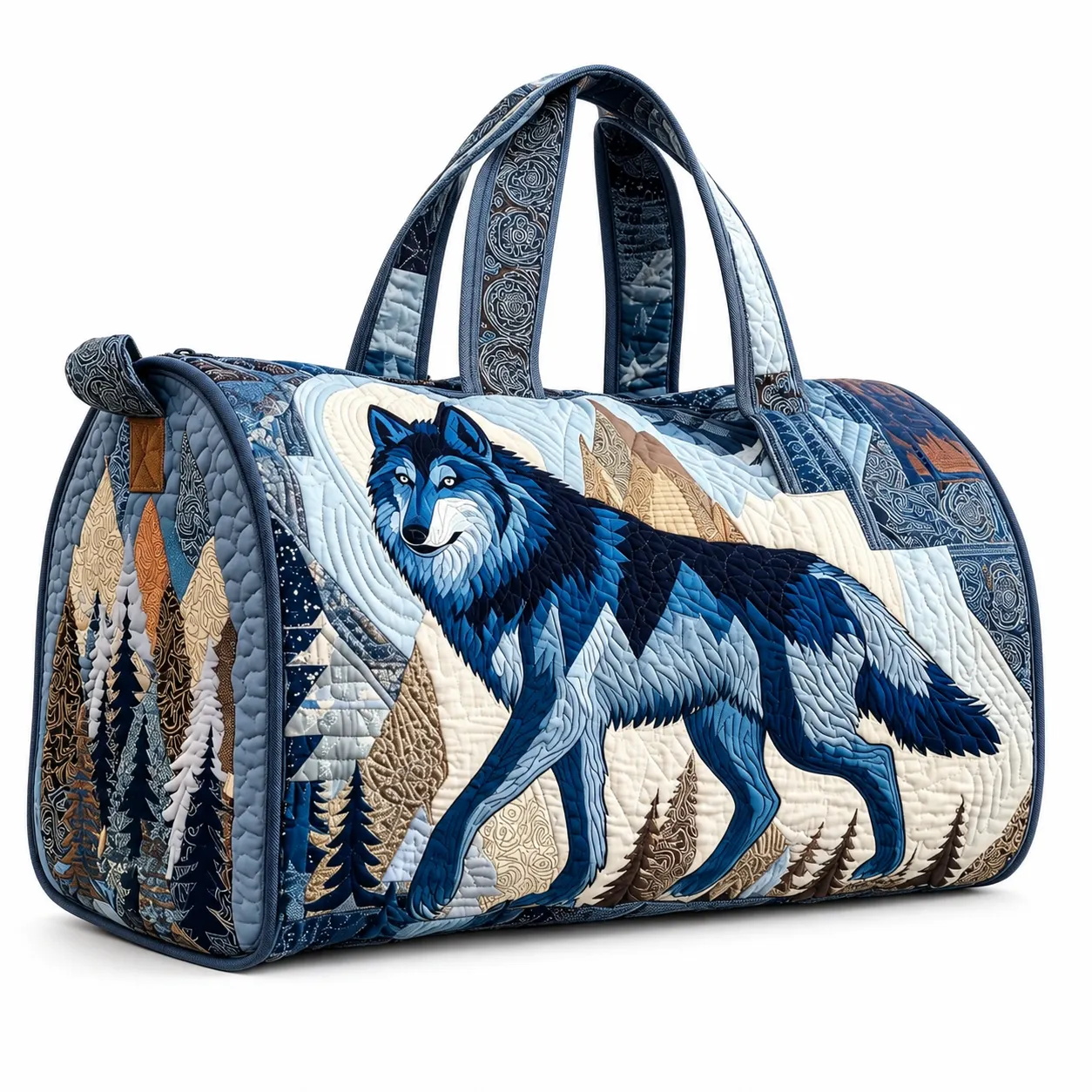 Wolf Quilted Duffel Bag, Blue Mountain Forest Weekender Travel Bag
