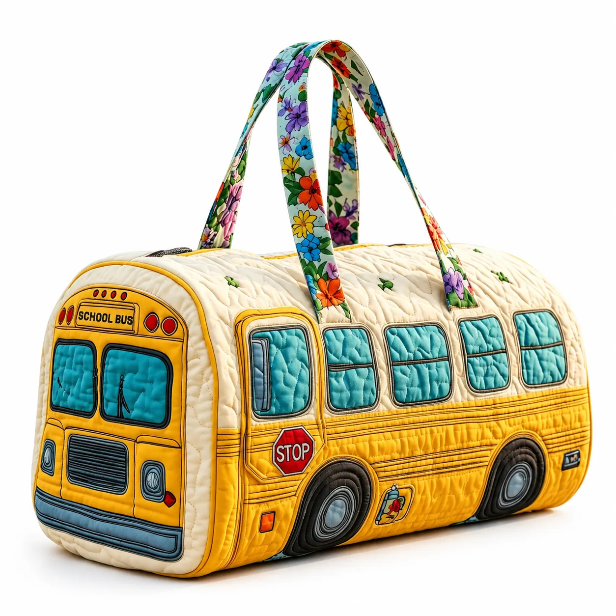 School Bus Quilted Travel Bag, Colorful Floral Handle Duffel Tote Bag