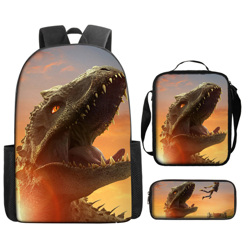 Jurassic World Backpacks 3Pcs, Anime Lightweight Backpack with Pencil Bag & Lunch Bag, Jurassic World Travel Backpack New Semester Gifts for Teens