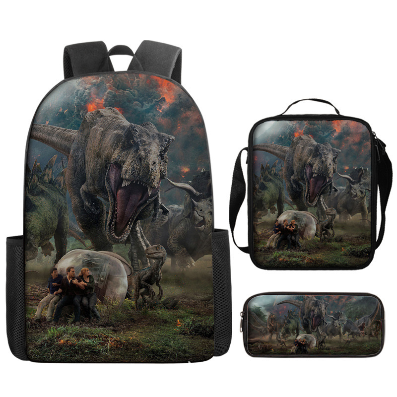 Jurassic World Backpacks 3Pcs, Anime Lightweight Backpack with Pencil Bag & Lunch Bag, Jurassic World Travel Backpack New Semester Gifts for Teens