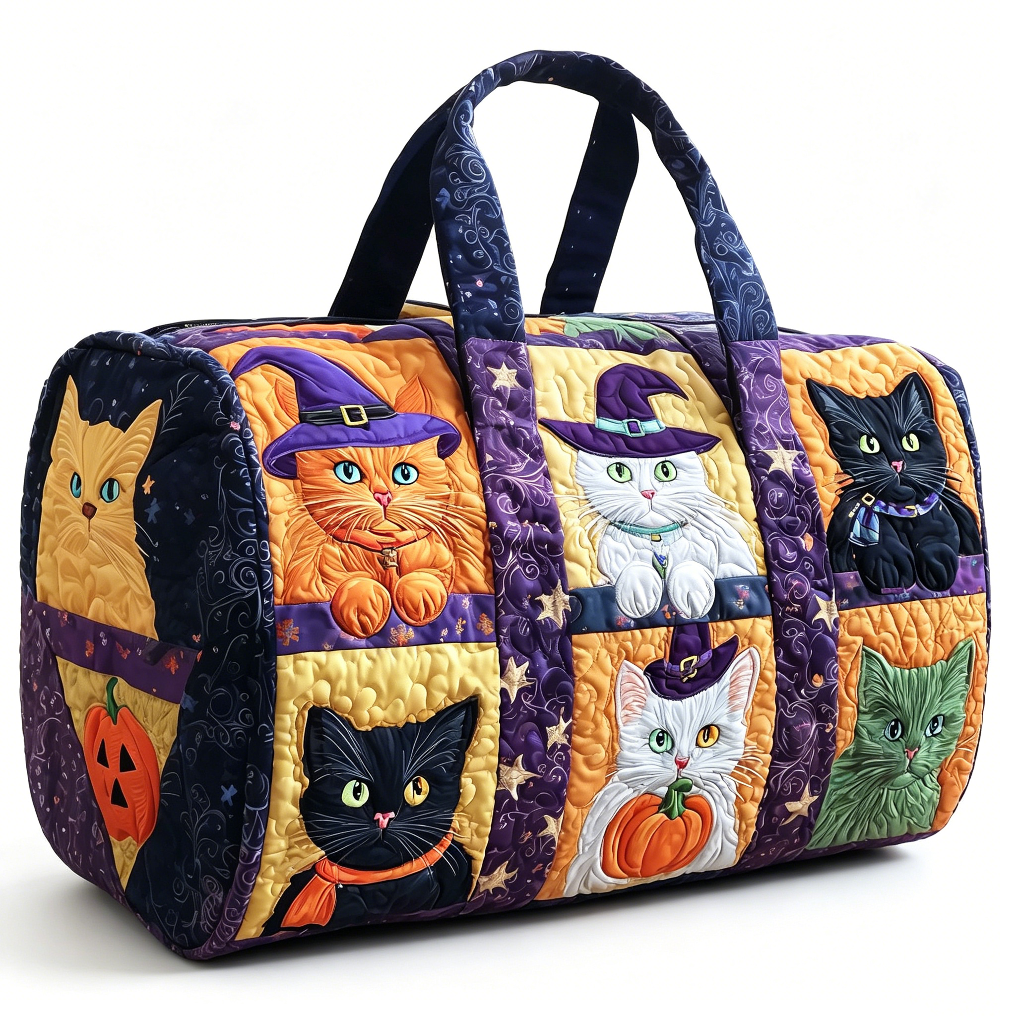 Hippie Van Dog Halloween Quilted Duffle Bag,Boho Vintage Floral Weekender Travel Bag,Large Capacity Lightweight Gym Tote for Women