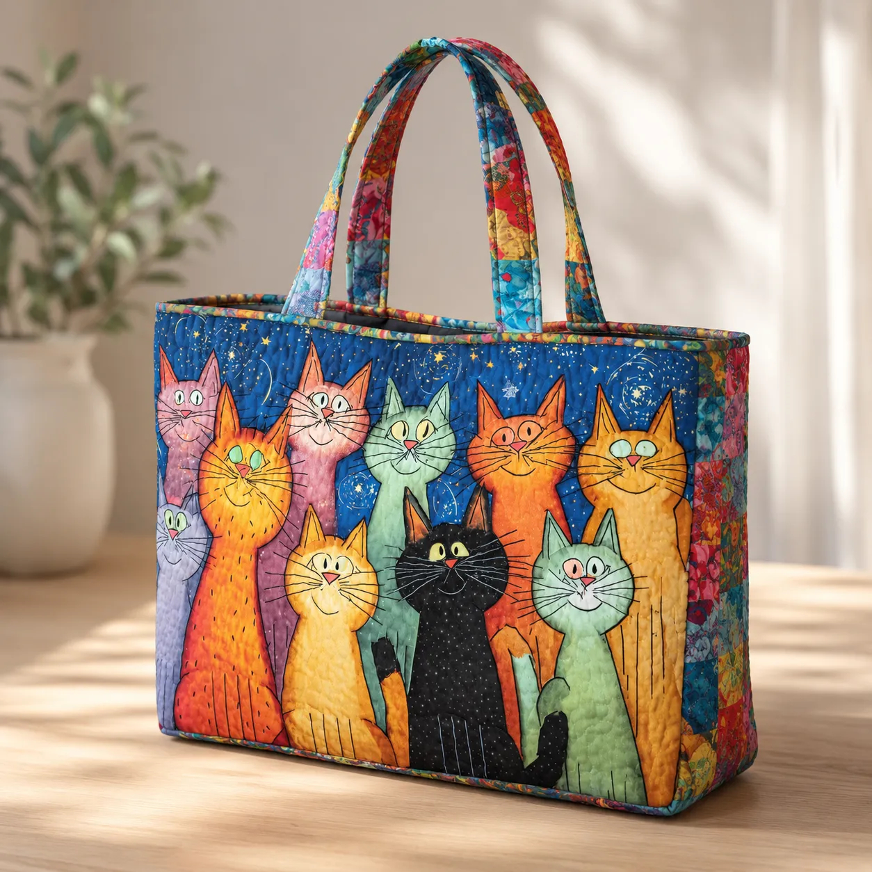 Colorful Cats Quilted Tote Bag, Starry Night Cat Lover Carryall Bag