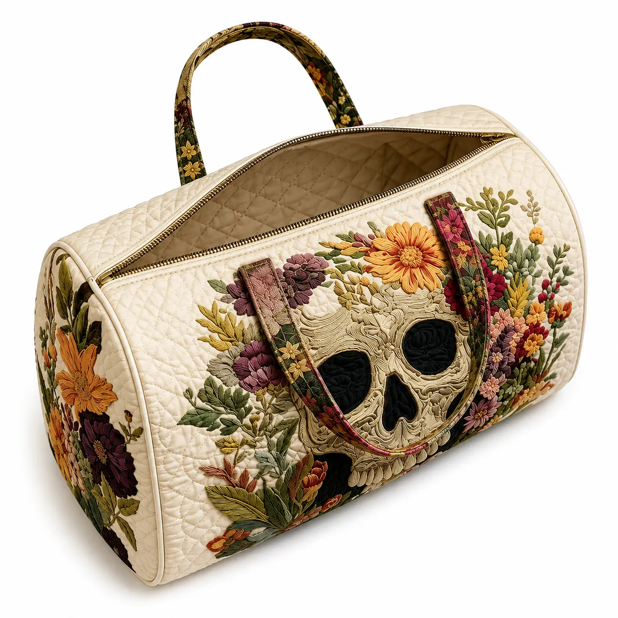 Floral Skull Quilted Duffle Bag, Handle Carry Travel Bag