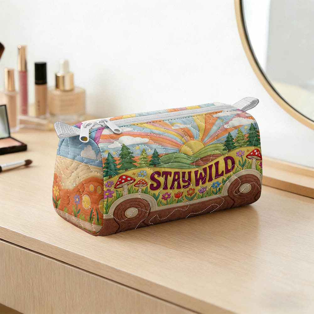 Stay Wild Quilted Makeup Bag for Women – Colorful Nature Print Cosmetic Pouch