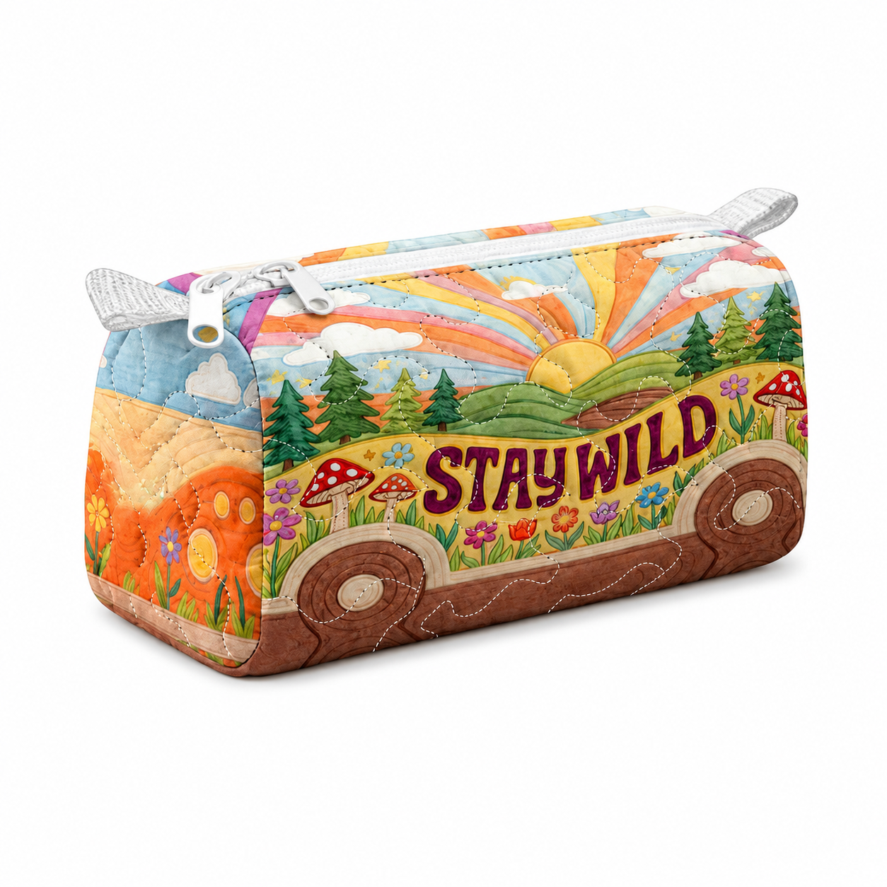 Stay Wild Quilted Makeup Bag for Women – Colorful Nature Print Cosmetic Pouch