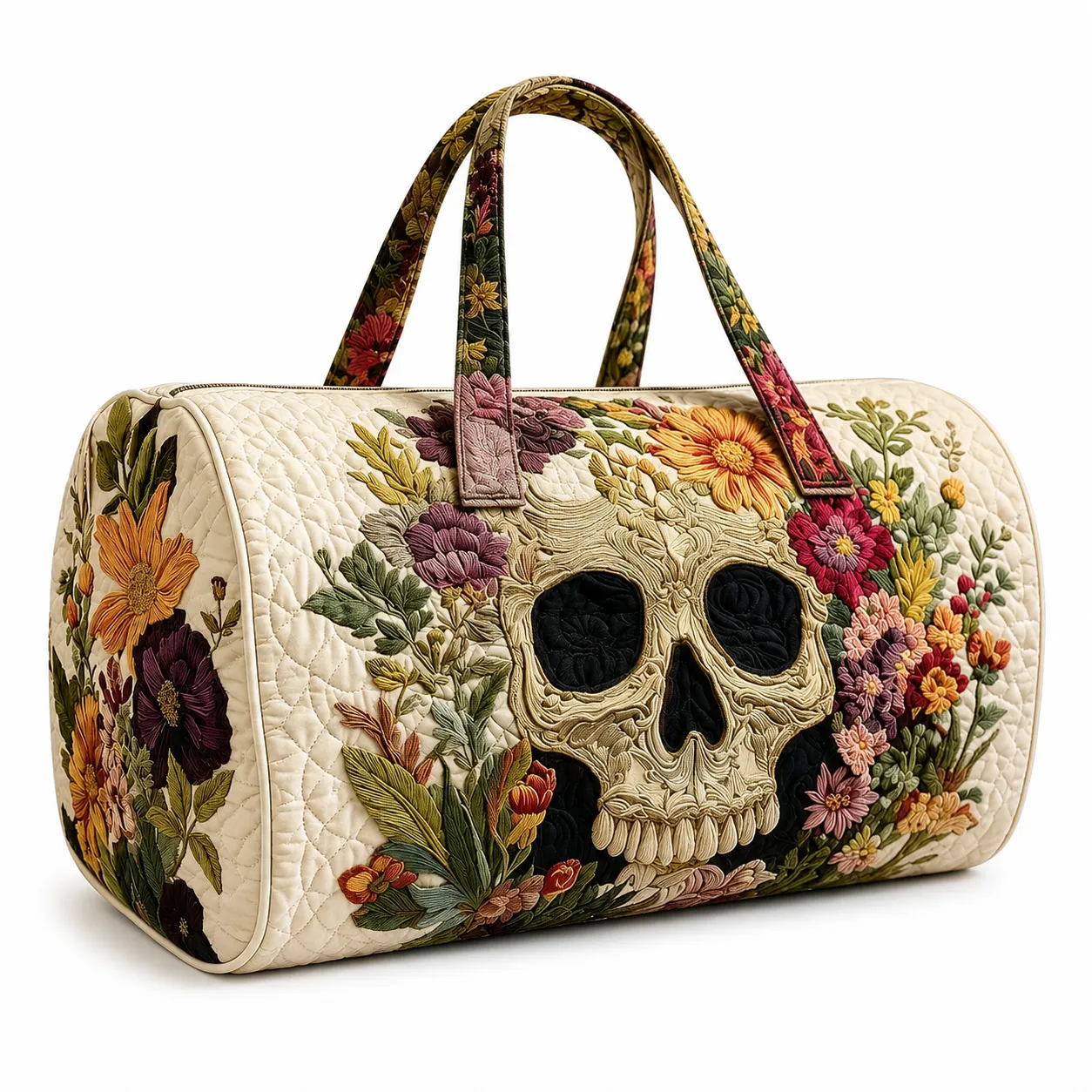 Floral Skull Quilted Duffle Bag, Handle Carry Travel Bag