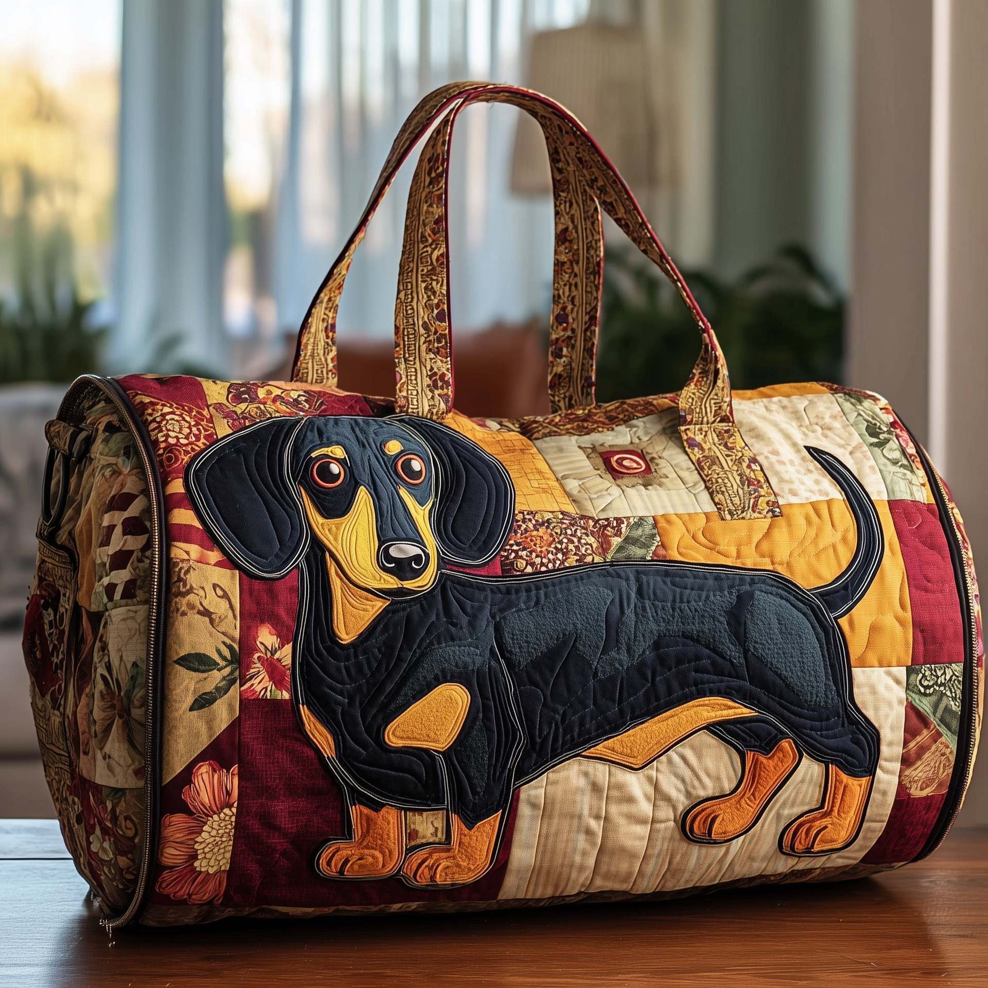 Dachshund Quilted Duffle Bag, Fall Pumpkin Dog Travel Weekender Bag, Carry On Bag Vintage Floral Weekender Travel Bag,Large Capacity Lightweight Gym Tote for Women