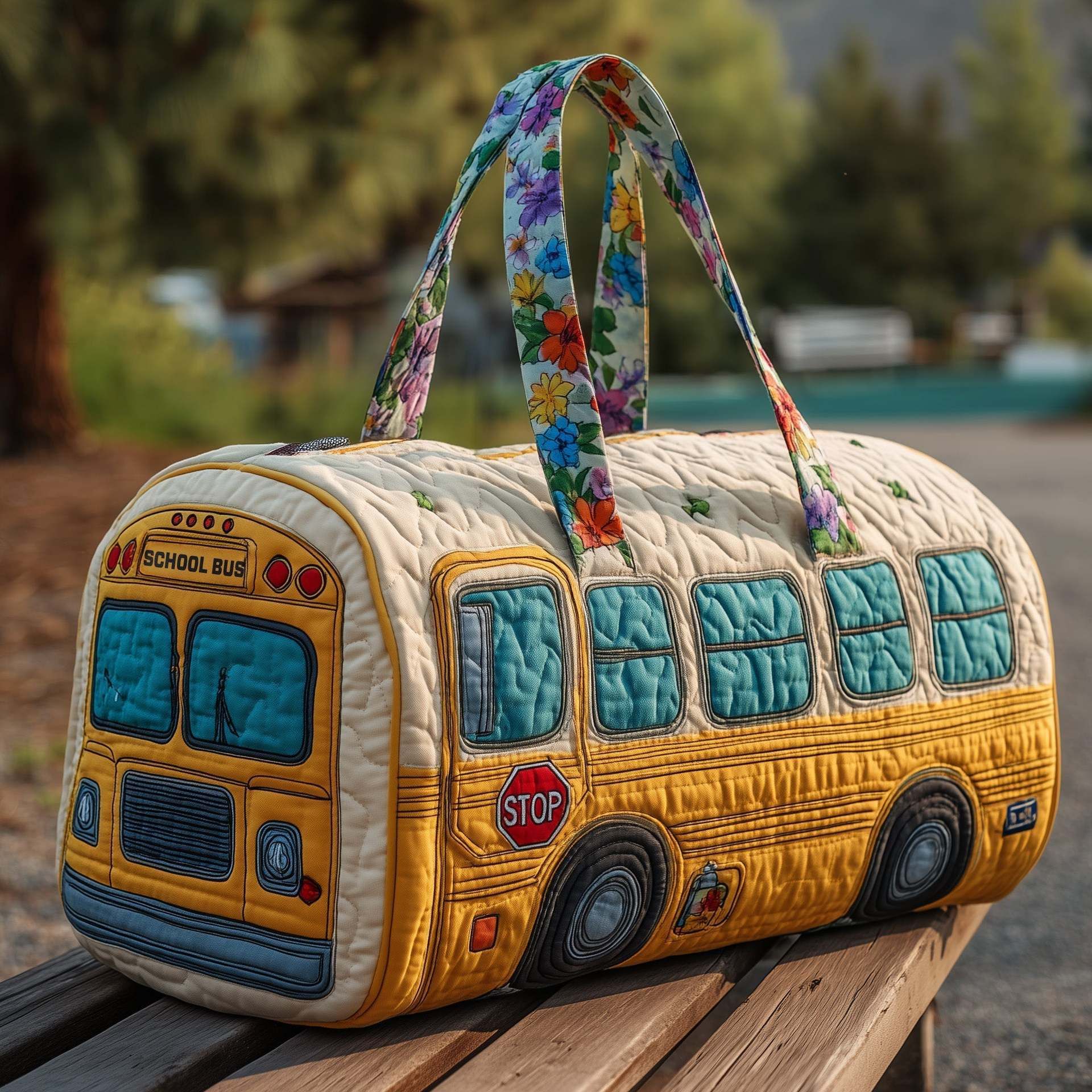 Quilted Hippie Van Duffle Bag - Large Capacity Bohemian Travel Gym Bag for Dance, Yoga, Workout, Festival, and Overnight Trips, Artistic Patchwork Carryall Tote