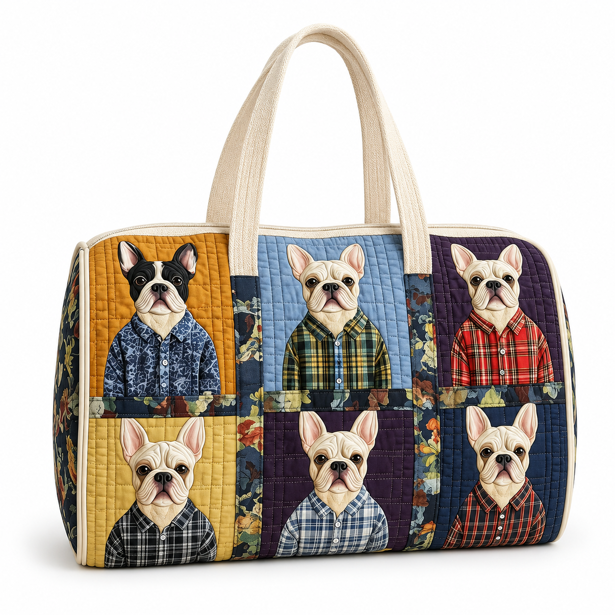 French Bulldog Quilted Duffel Bag, Floral Patchwork Weekender Travel Tote with Handles