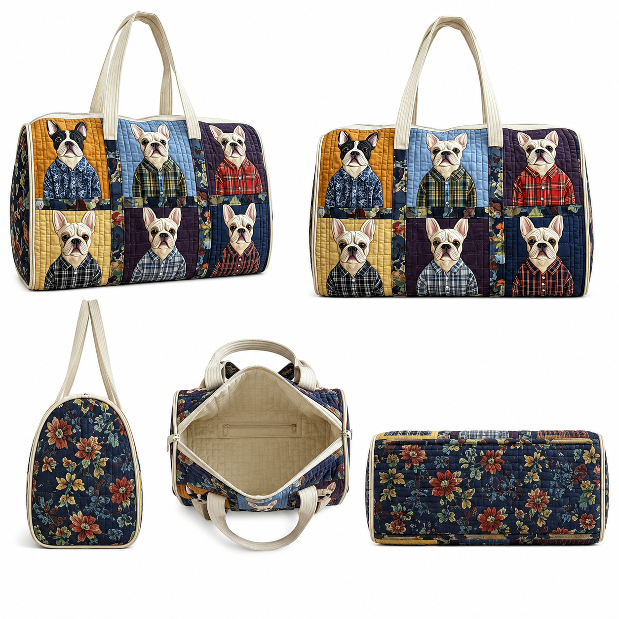 French Bulldog Quilted Duffel Bag, Floral Patchwork Weekender Travel Tote with Handles