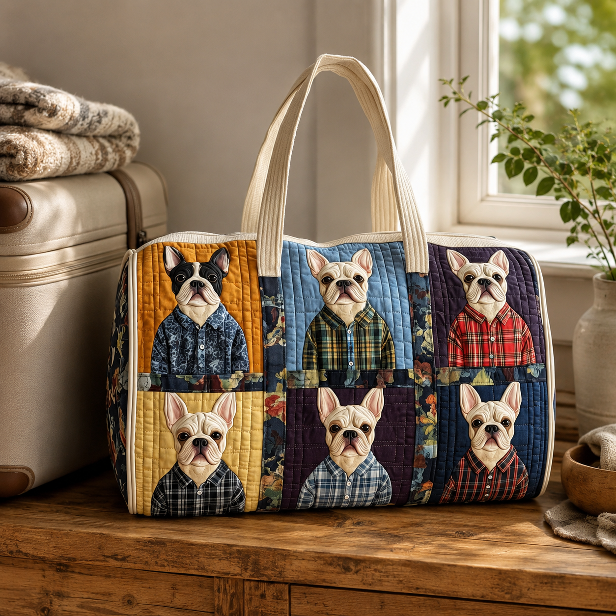 French Bulldog Quilted Duffel Bag, Floral Patchwork Weekender Travel Tote with Handles