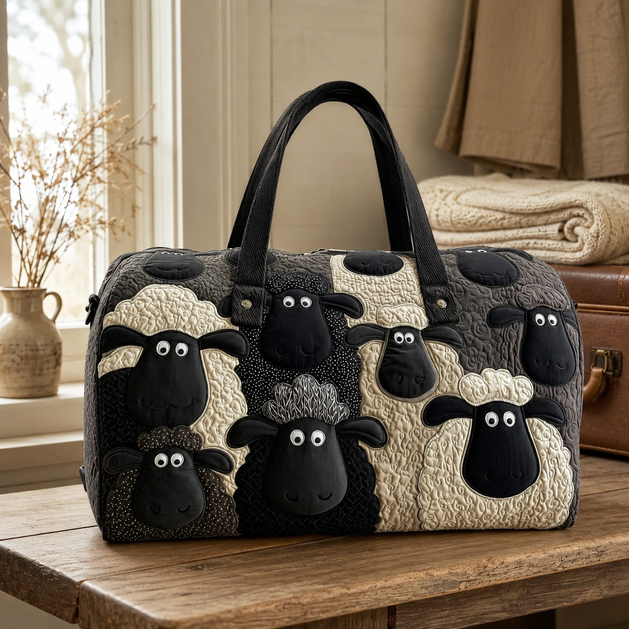 Farm Sheep Quilted Duffel Bag, Patchwork Overnight Travel Tote