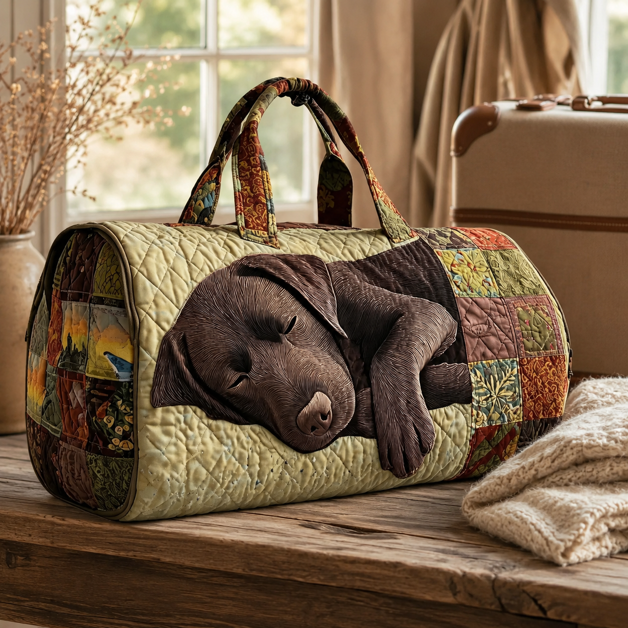 Hippie Van Quilted Duffle Bag – Cozy Labrador Winter Scene Weekender Travel Bag, Quilted Carry-On for Dog Lovers