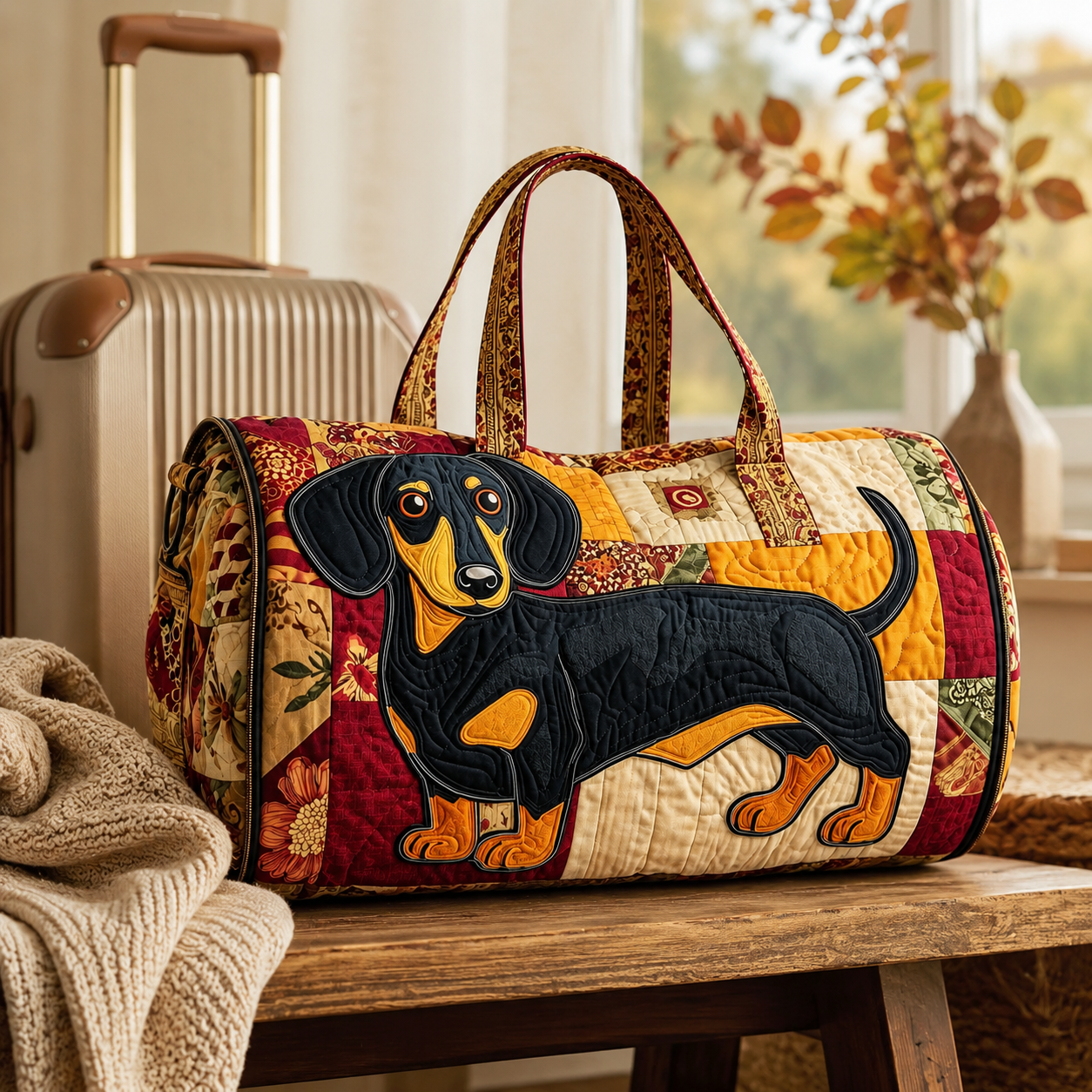 Dog Lover Quilted Duffel Bag, Dachshund Fall Patchwork Travel Tot