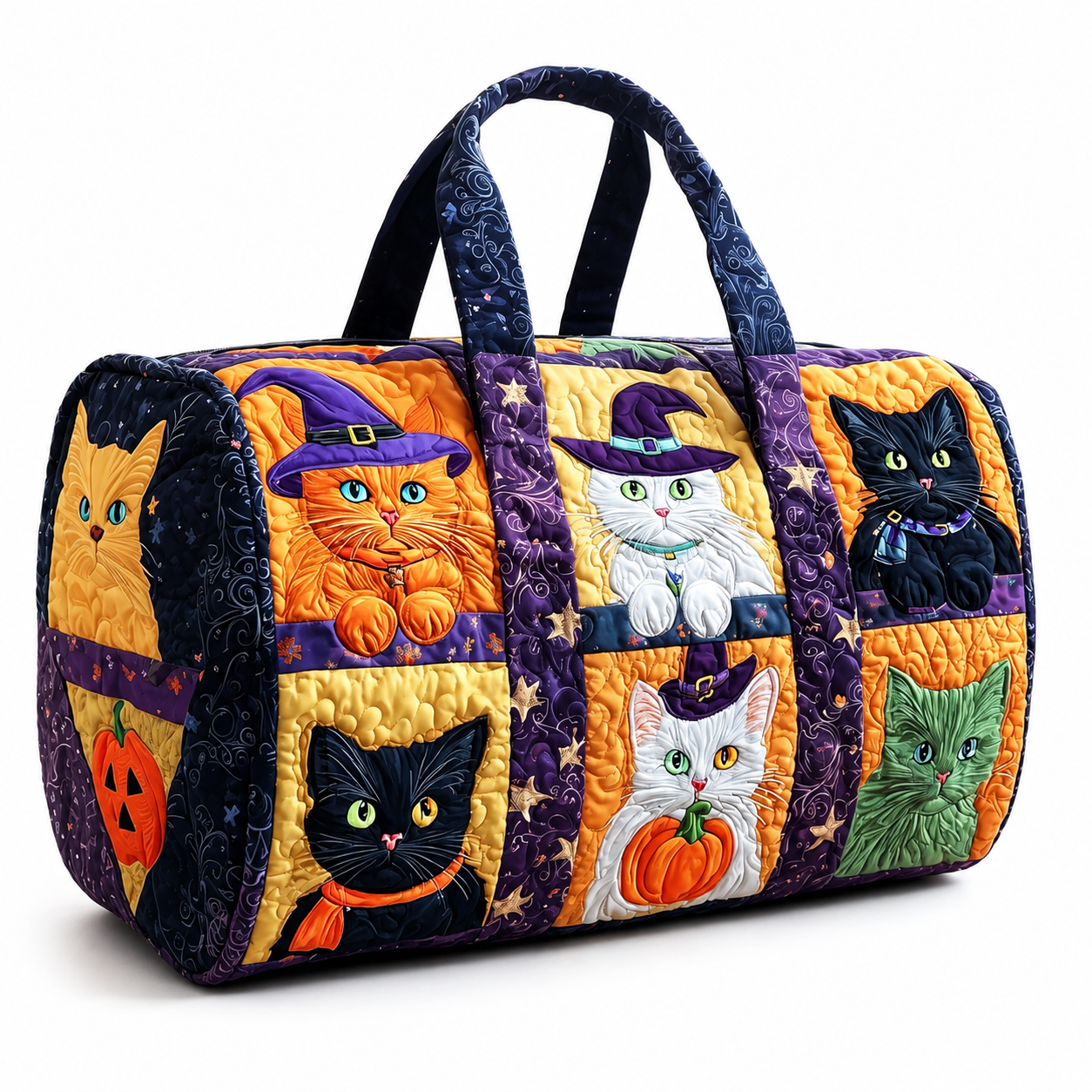 Halloween Cats Quilted Duffel Bag, Pumpkin Weekender Travel Tote