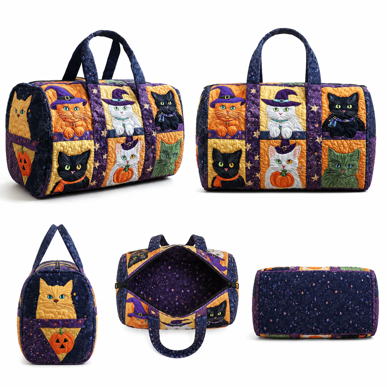 Halloween Cats Quilted Duffel Bag, Pumpkin Weekender Travel Tote