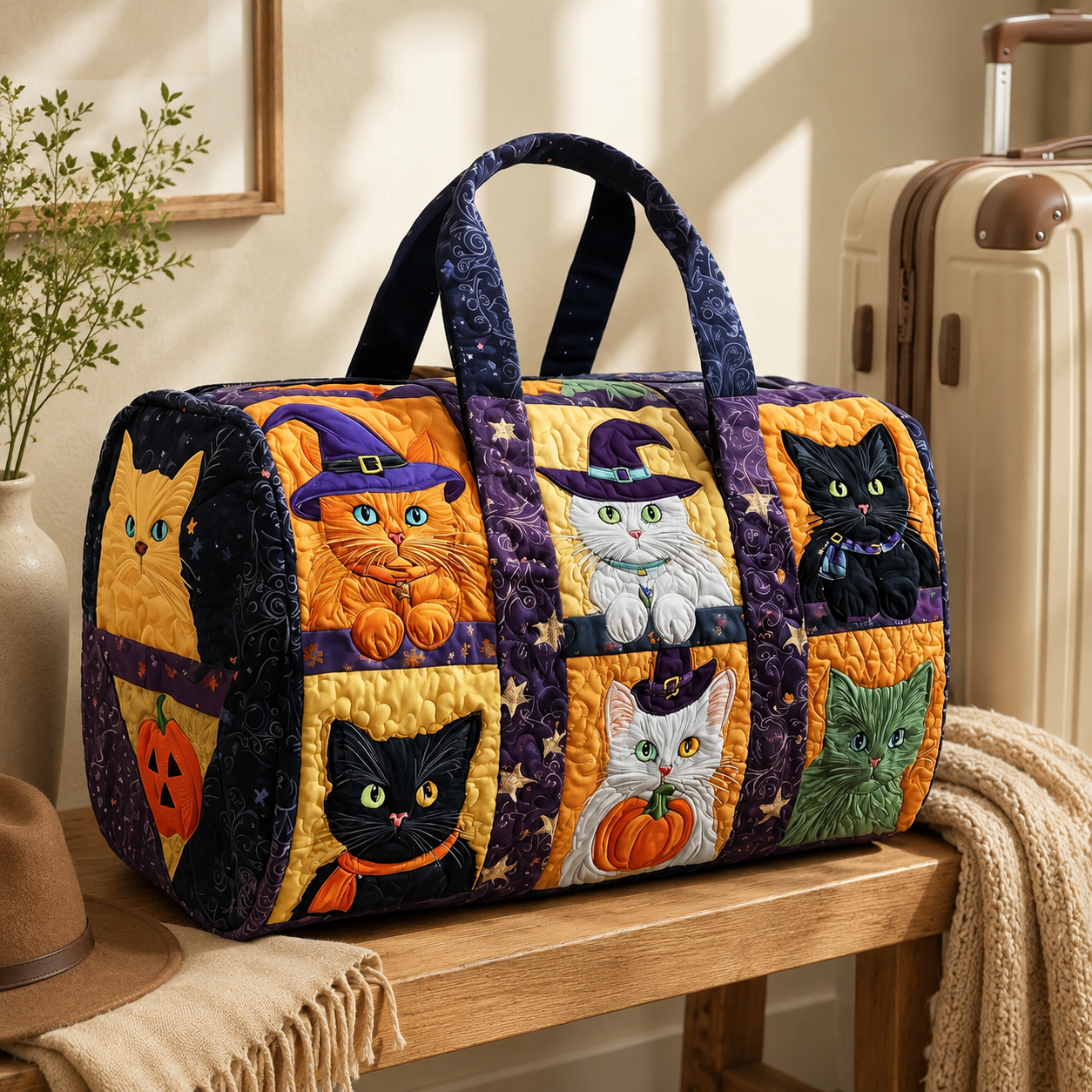 Halloween Cats Quilted Duffel Bag, Pumpkin Weekender Travel Tote
