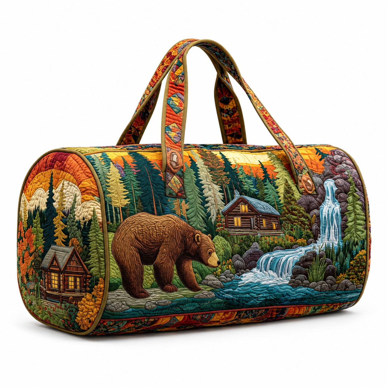 Bear Forest Weekender Bag, Cabin Waterfall Quilted Travel Tote