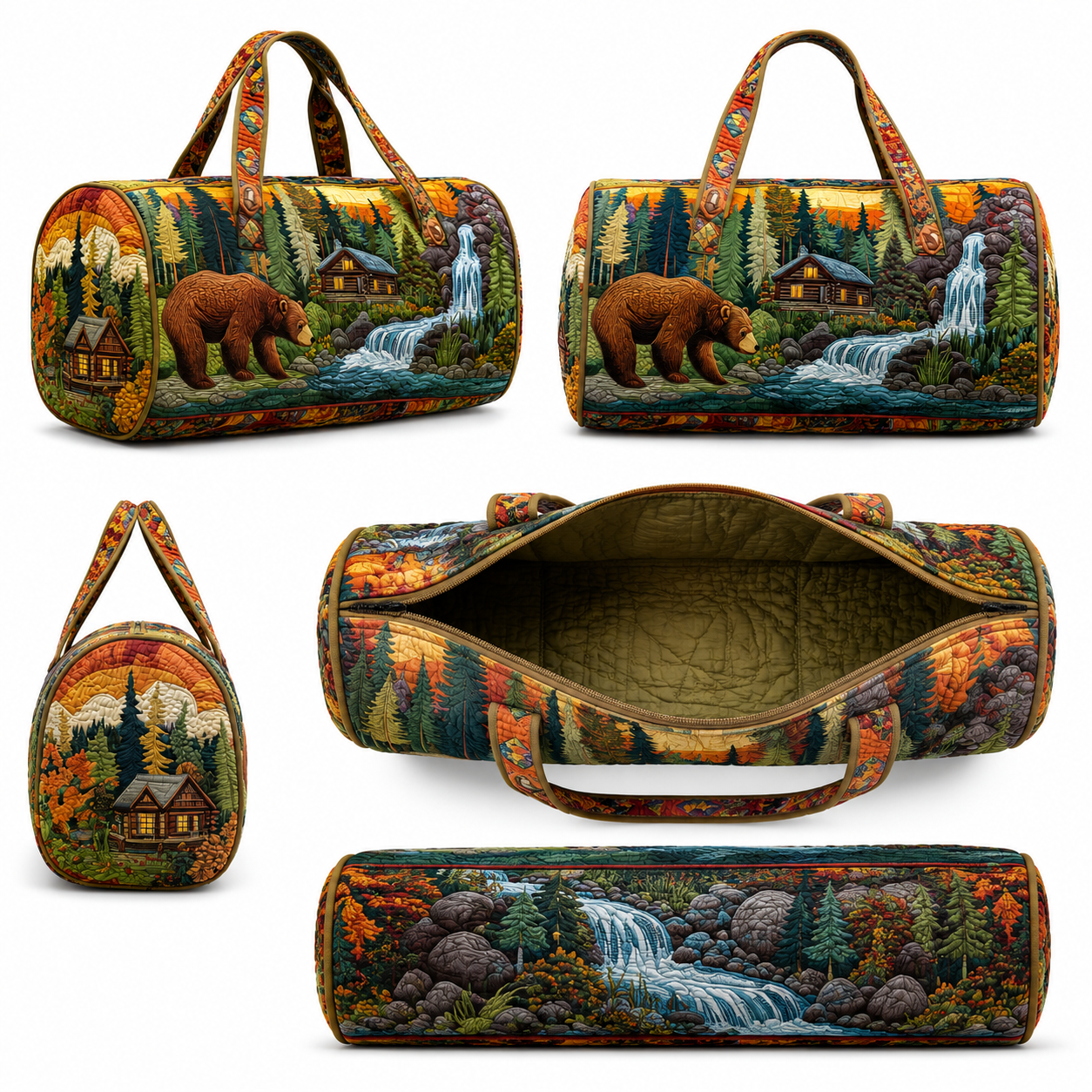 Bear Forest Weekender Bag, Cabin Waterfall Quilted Travel Tote