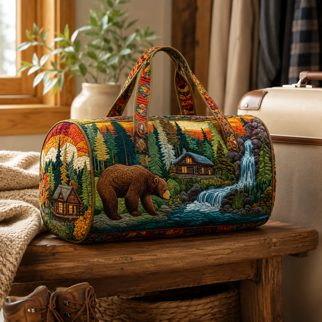 Bear Forest Weekender Bag, Cabin Waterfall Quilted Travel Tote