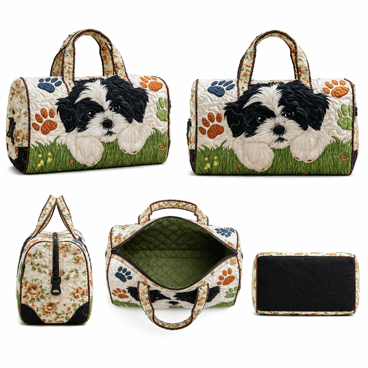 Dog Lover Quilted Duffel Bag, Puppy Paw Print Overnight Tote