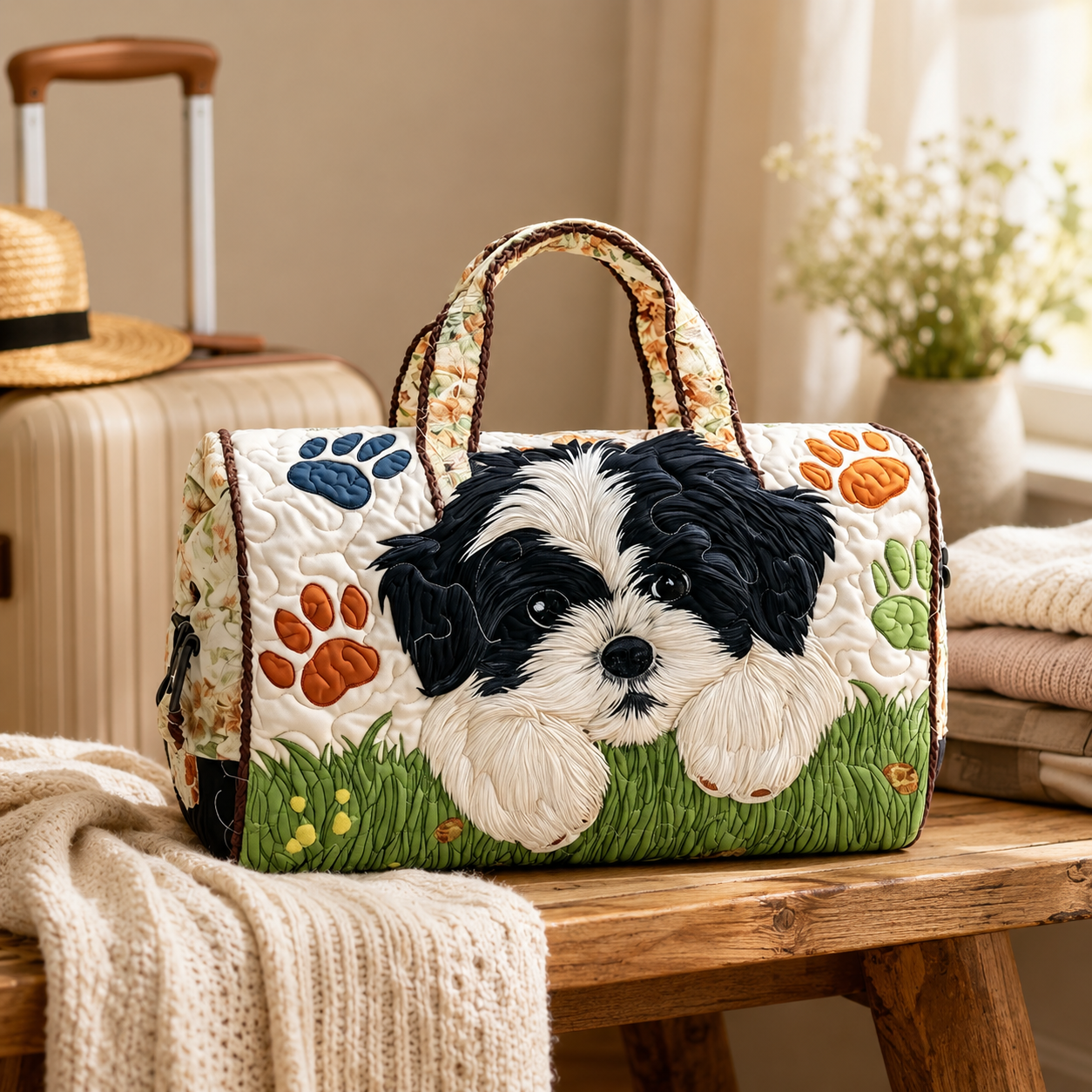 Dog Lover Quilted Duffel Bag, Puppy Paw Print Overnight Tote