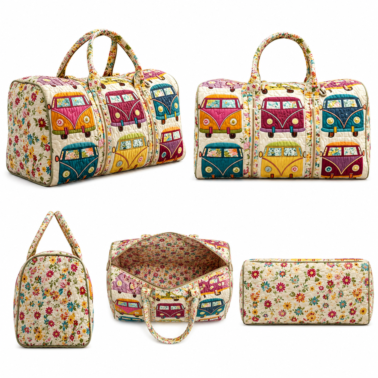 Retro Camper Van Print Quilted Travel Bag, Garden Floral Weekender Tote
