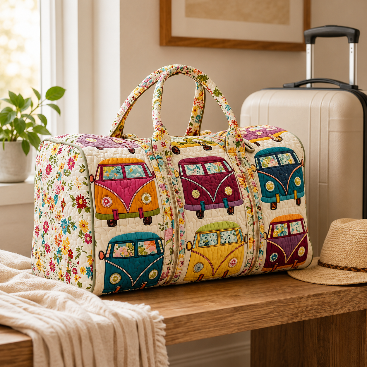 Retro Camper Van Print Quilted Travel Bag, Garden Floral Weekender Tote