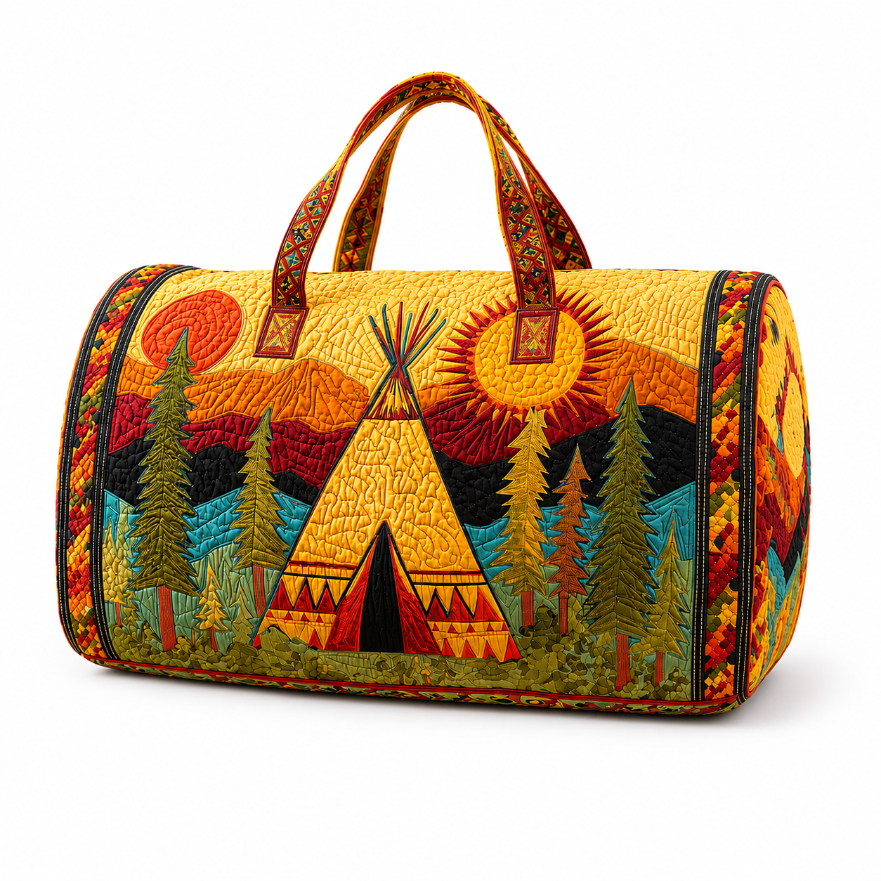 Hippie Van Quilted Duffle Bag, Boho Travel Weekender Bag with Strap, Retro Style for Everyday Travel
