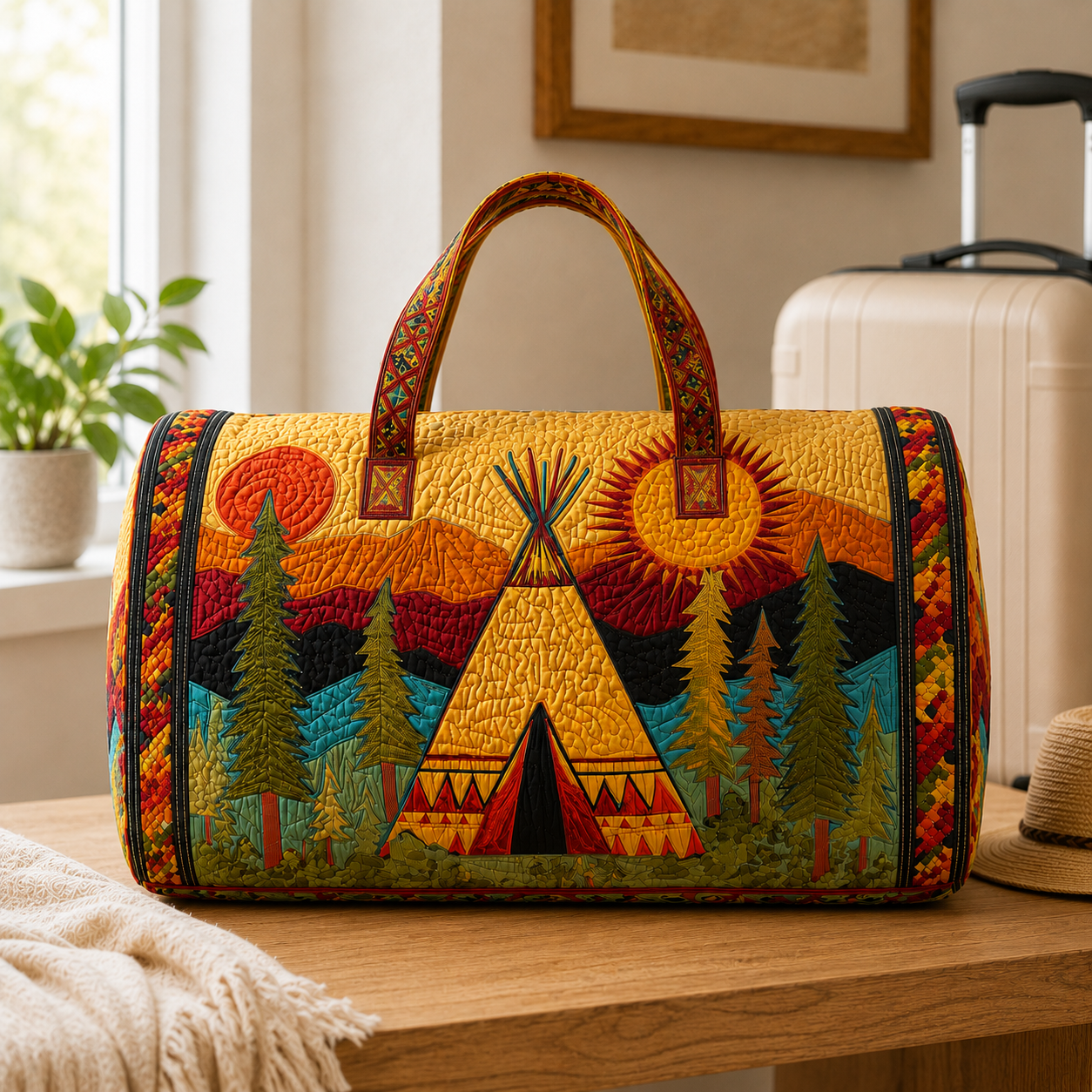 Hippie Van Quilted Duffle Bag, Boho Travel Weekender Bag with Strap, Retro Style for Everyday Travel