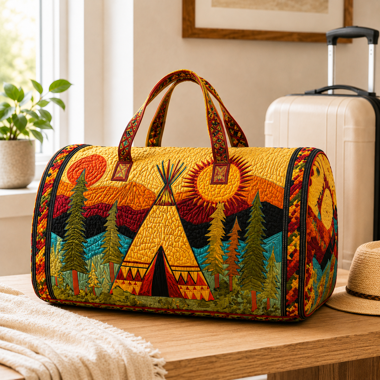 Hippie Van Quilted Duffle Bag, Boho Travel Weekender Bag with Strap, Retro Style for Everyday Travel