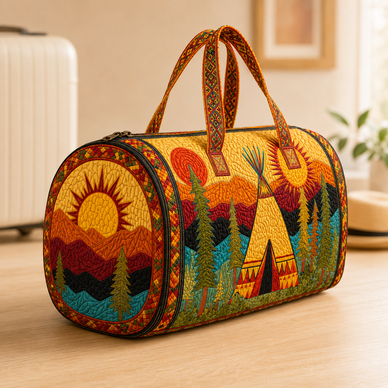 Hippie Van Quilted Duffle Bag, Boho Travel Weekender Bag with Strap, Retro Style for Everyday Travel