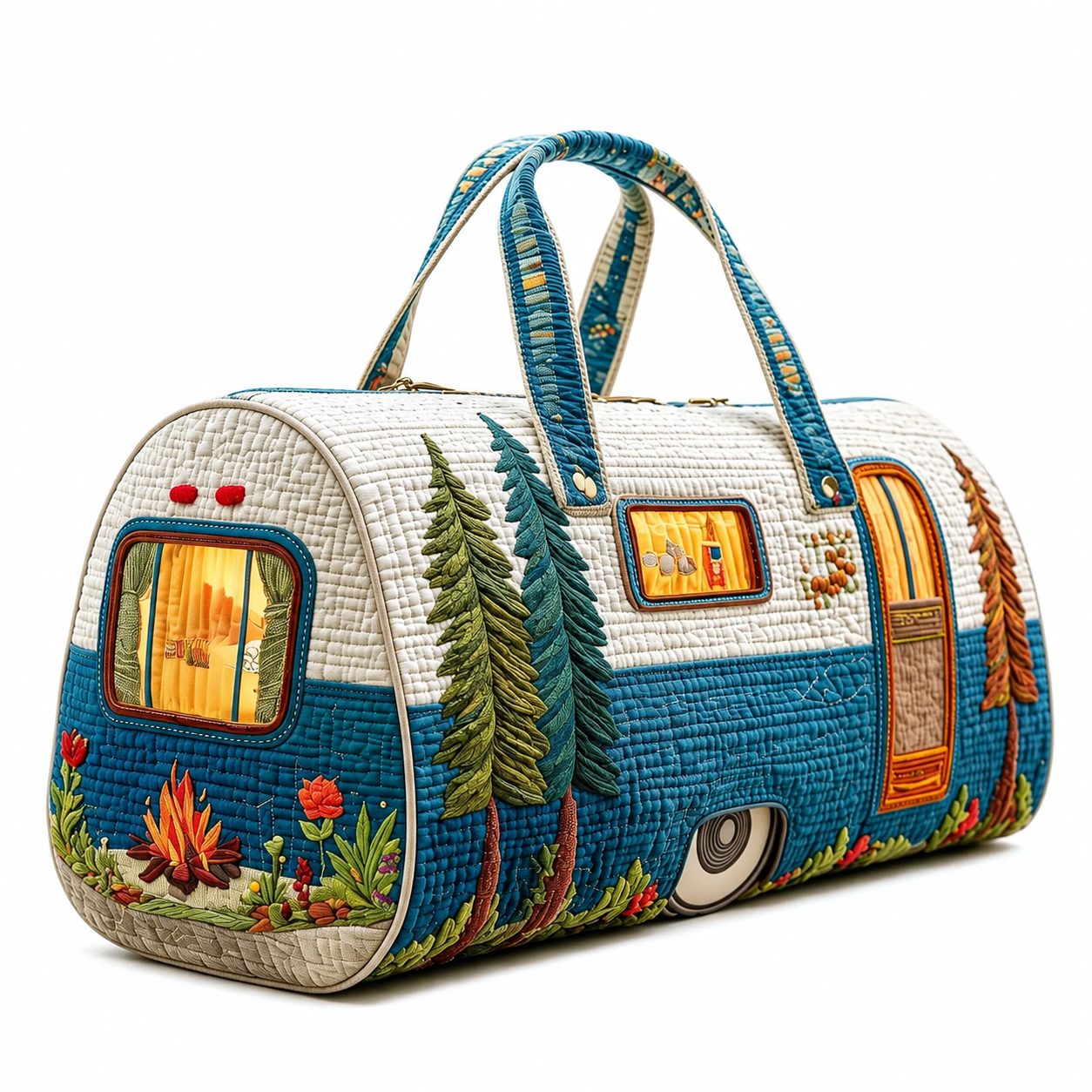 Camping Trailer Quilted Tote Bag, Pine Forest Overnight Carryall