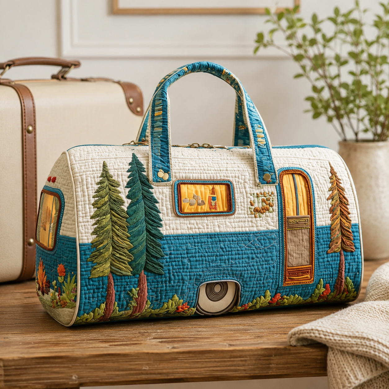 Camping Trailer Quilted Tote Bag, Pine Forest Overnight Carryall