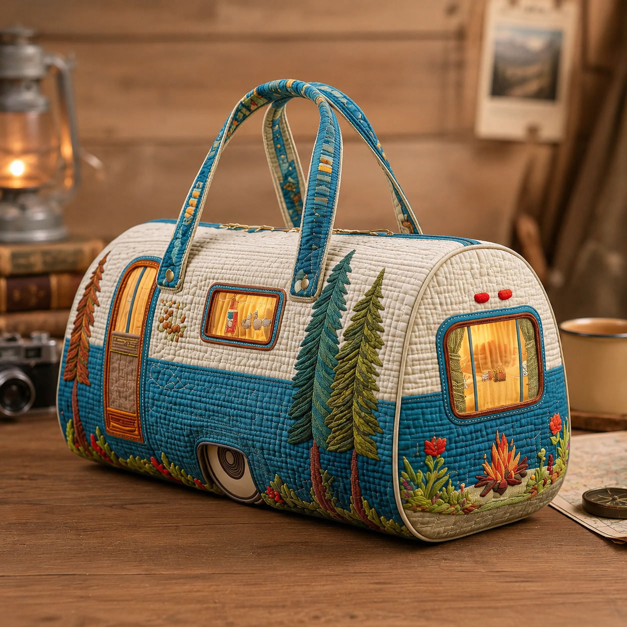 Camping Trailer Quilted Tote Bag, Pine Forest Overnight Carryall