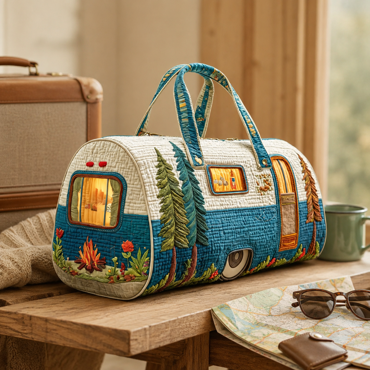 Camping Trailer Quilted Tote Bag, Pine Forest Overnight Carryall