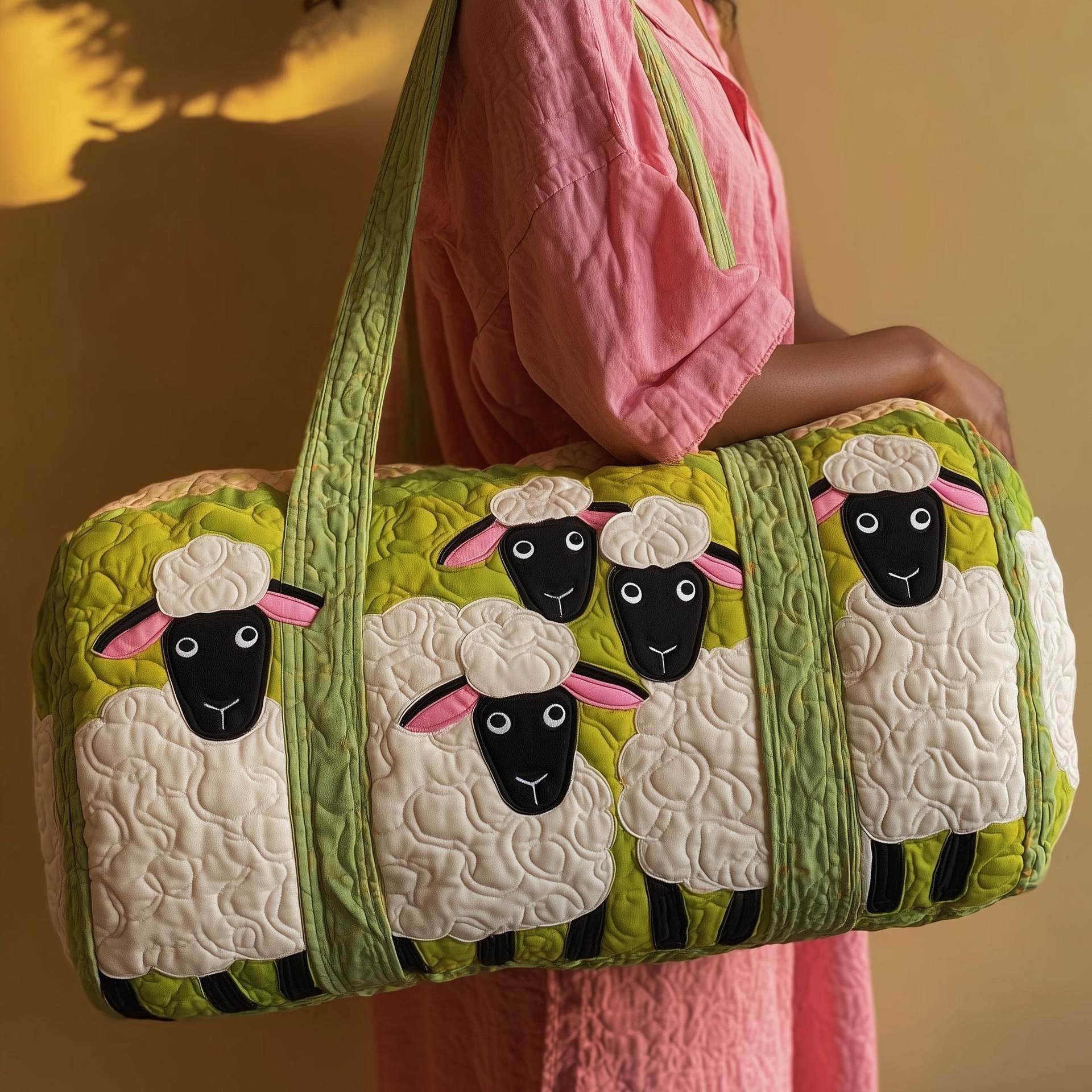 Sheep Heaven Quilted Duffle Bag, Colorful Sheep Travel Bag, Rustic Patchwork Weekender Bag