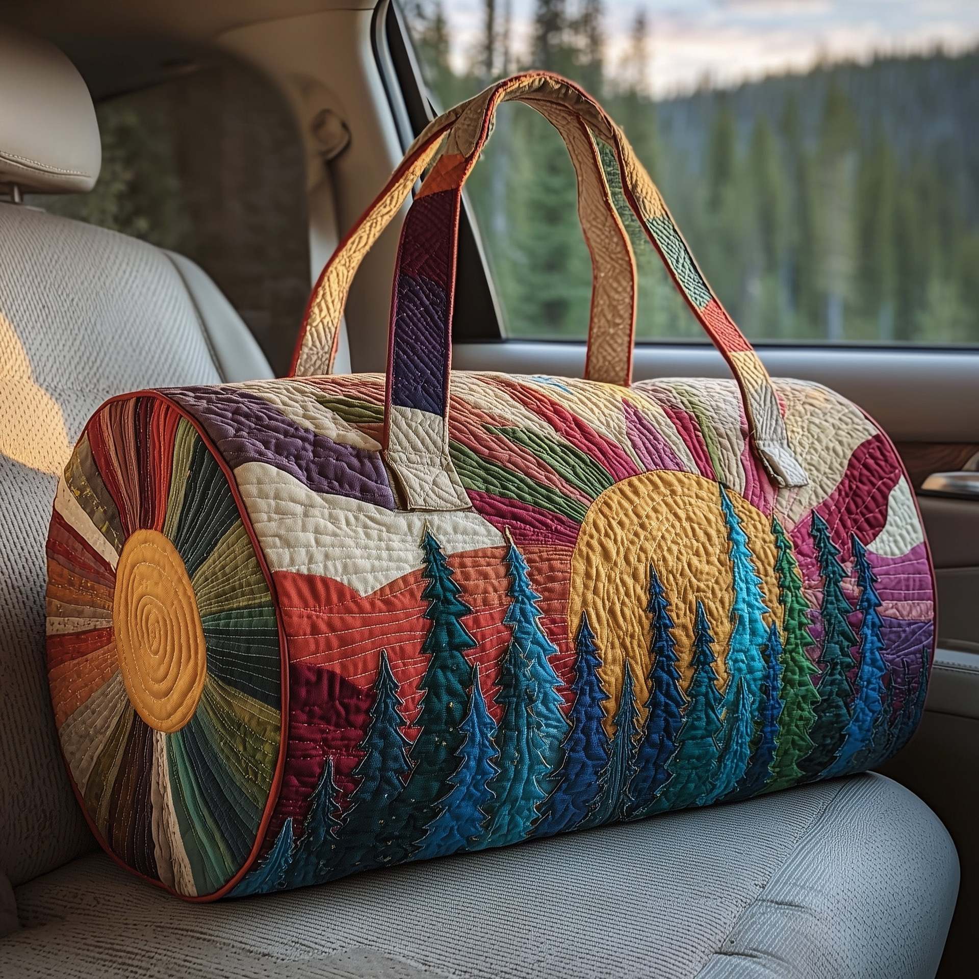Hippie Sun Quilt Duffle Bag With Colorful Tree, Boho Travel Weekender Bag