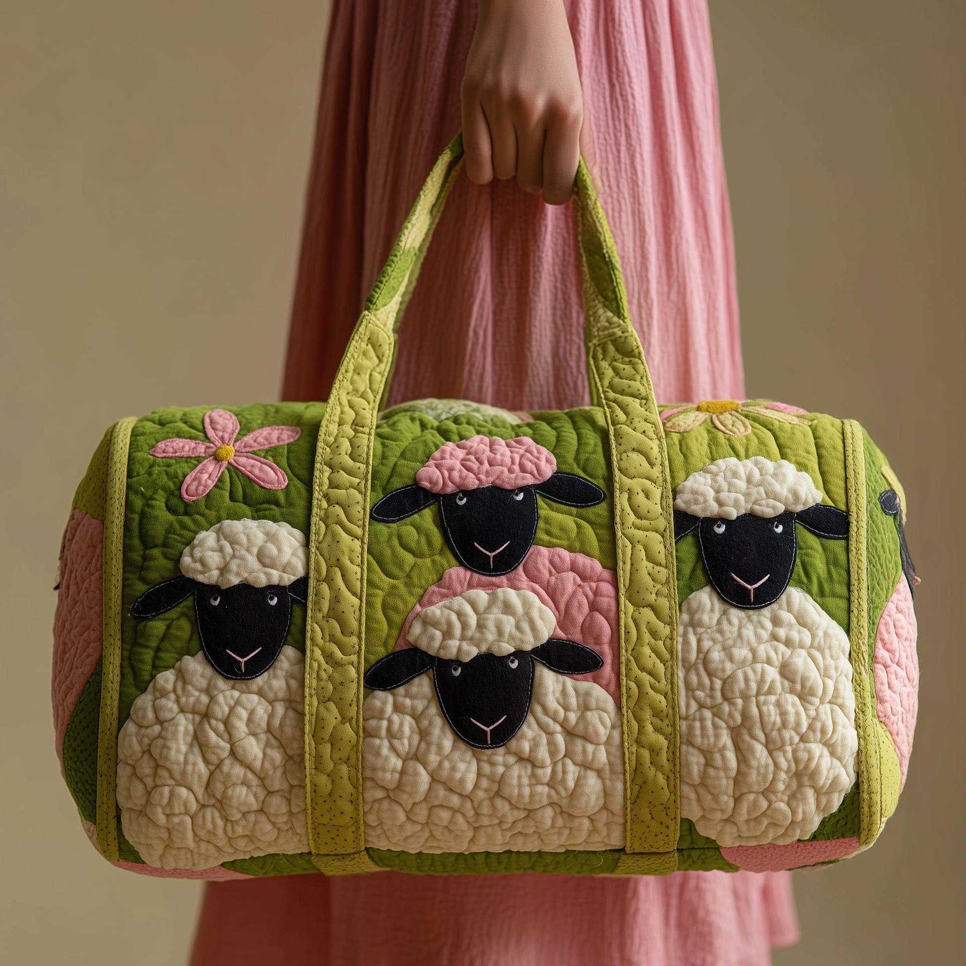 Sheep Quilted Duffle Bag Cute Farm Sheep Meadow Design Travel Weekend Bag