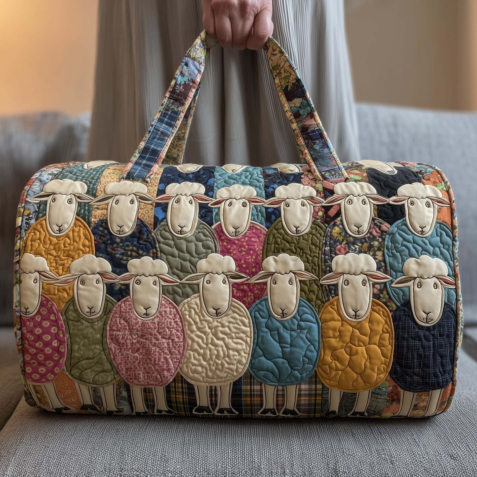 Sheep Quilted Duffle Bag, Cute Farm Sheep Bag, Casual Quilted Travel Tote