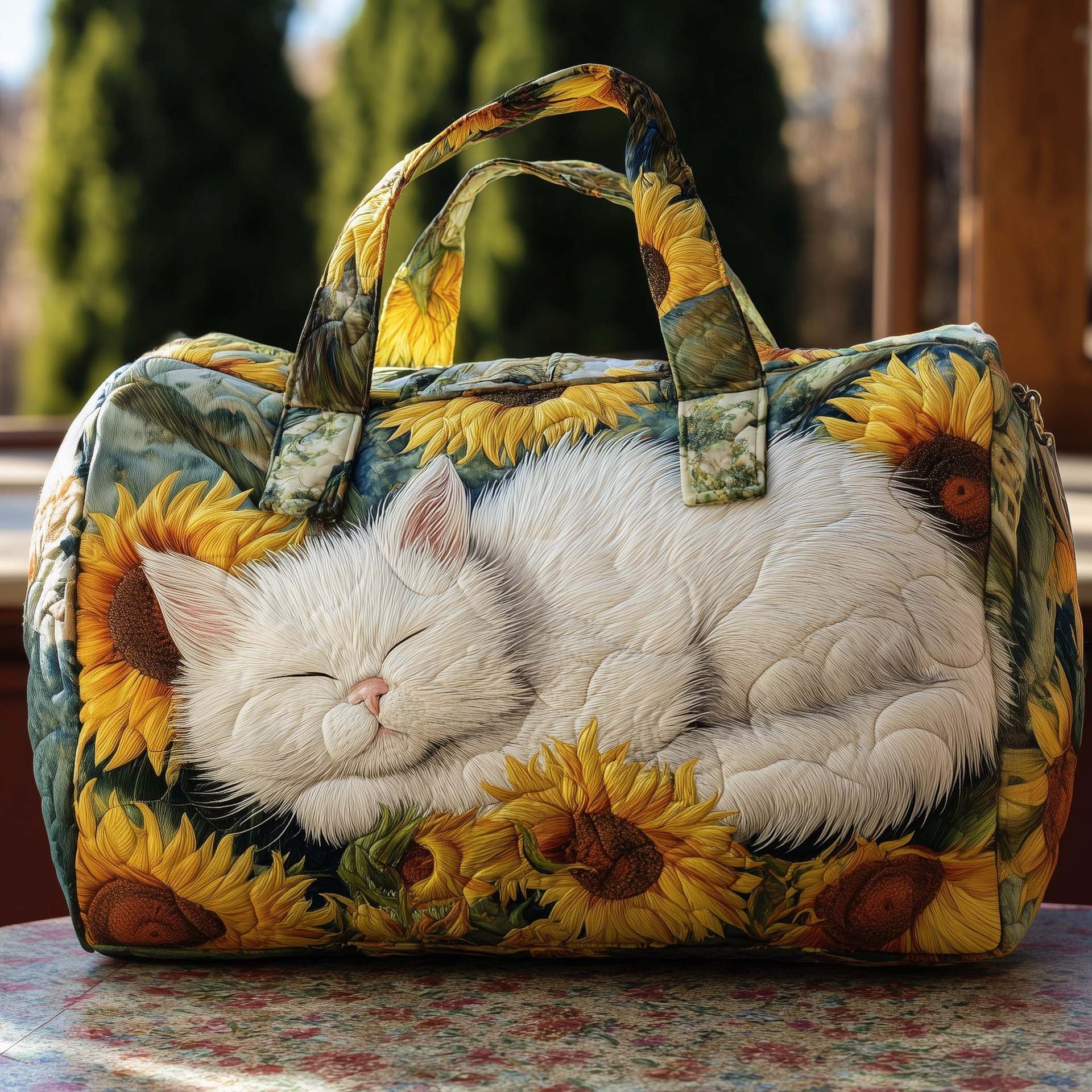 White Cat Quilted Duffle Bag – Quited Travel Tote Bag, Quited Weekender Travel Bag