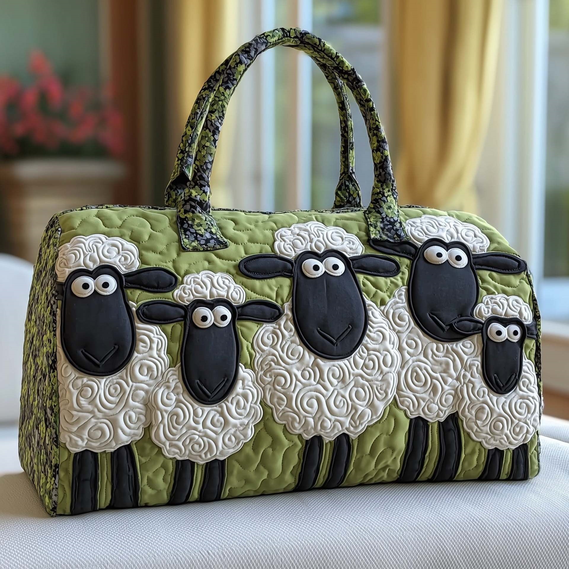 Funky Sheep Quilted Duffle Bag Vintage Bags, Cute Farm Sheep Bag, Casual Quilted Travel Tote
