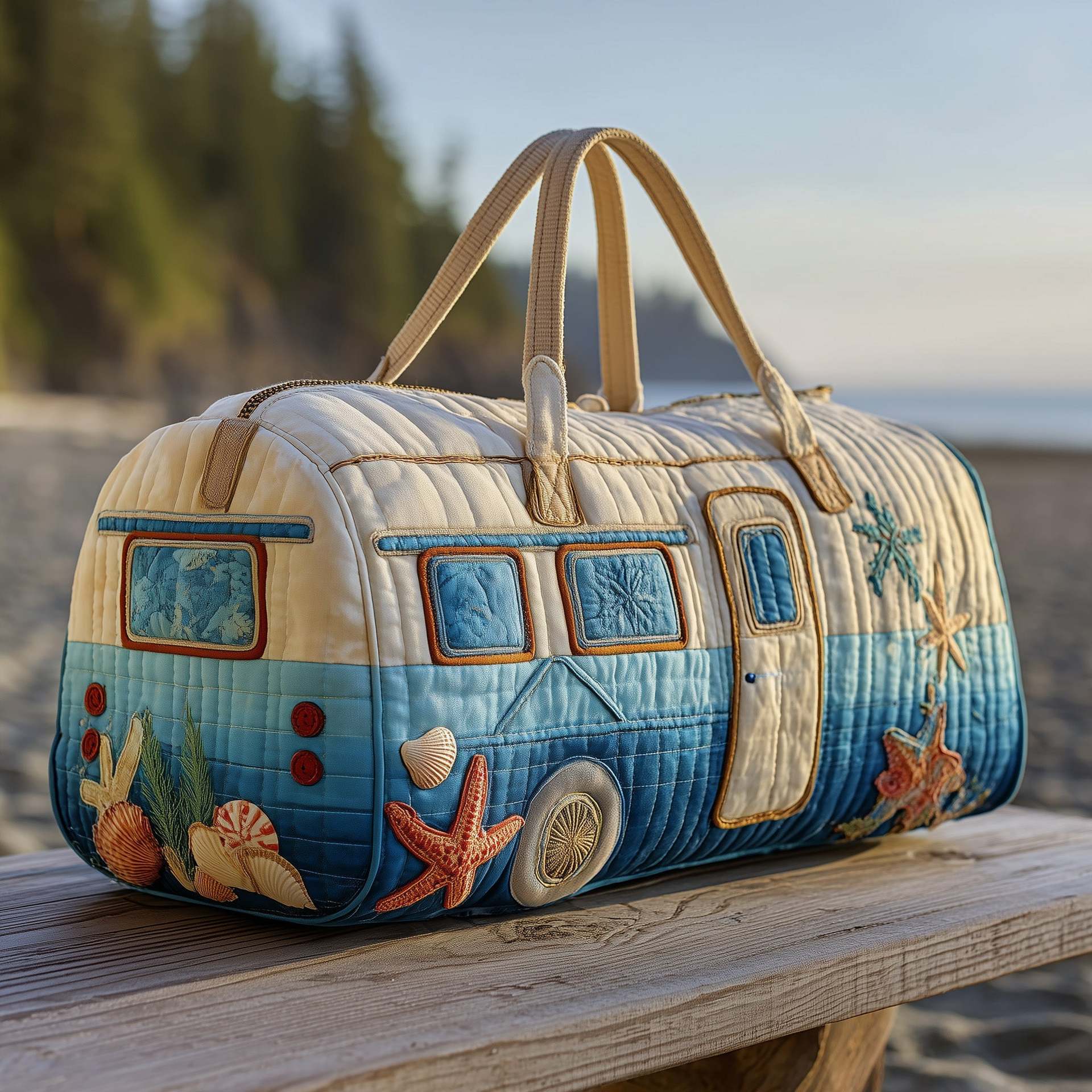 Camper Van Quilted Duffle Bag – Coastal Beach Weekender Travel Bag