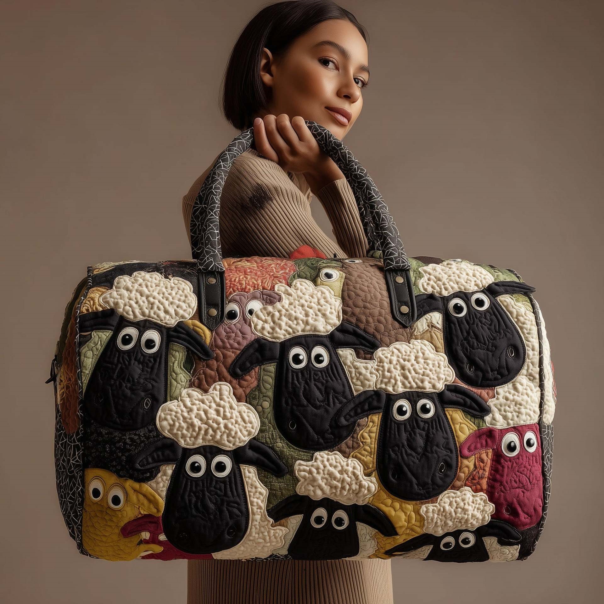 Cute Sheep Quilted Duffle Bag, Farm Animal Patchwork Travel Duffle Bag, Woolly Lamb Pattern Theme Travel Bag