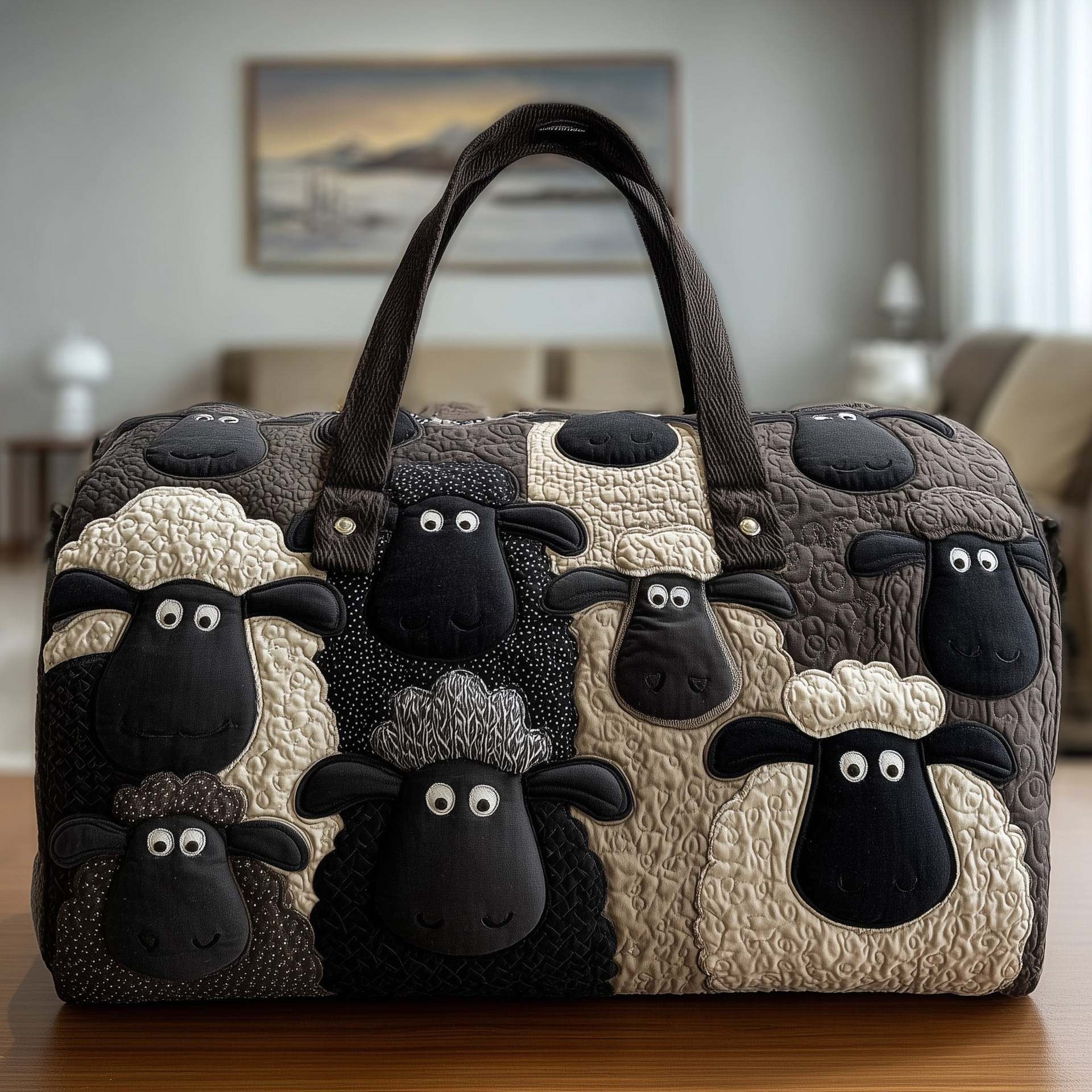 Blackface Sheep Patchwork Quilted Duffle Bag, Large Capacity Travel Handbag, Animal Lover Weekender Tote